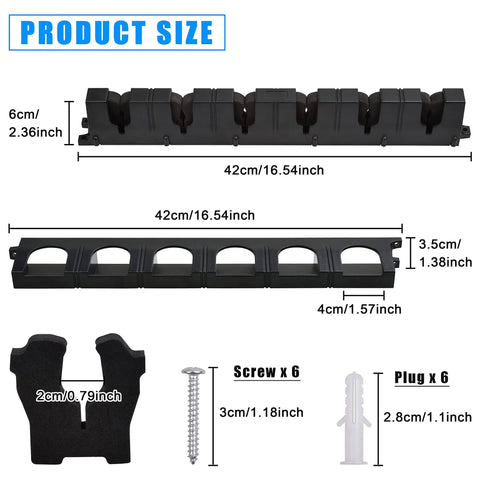 Vertical Fishing Rod Rack Wall Mounted 6 Rod Holder Storage Organizer with measurements and included screws and plugs.