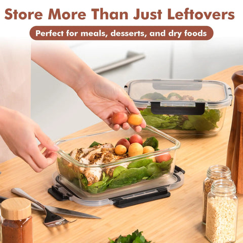 Big Glass Storage Set 63 Oz Meal Prep Containers With Locking Lids, 2-Pack holding meal on wooden counter