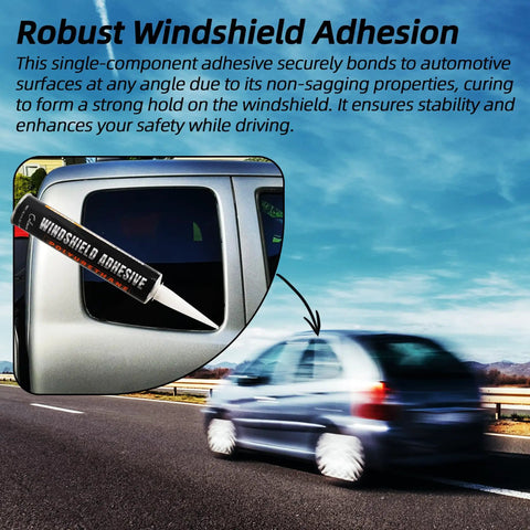 Windshield Repair Kit With Polyurethane Adhesive For Car Glass Chips And Cracks Quick Cure Weather Resistant Sealant 310ml With Gloves No Sag Bond For A Strong Hold And Safe Driving, with image showing car on road and adhesive tube close-up.