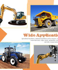 Various machinery including excavator, dump truck, tractor, and mechanical arm for use with Grease Fitting Assortment Kit 5/16-24.