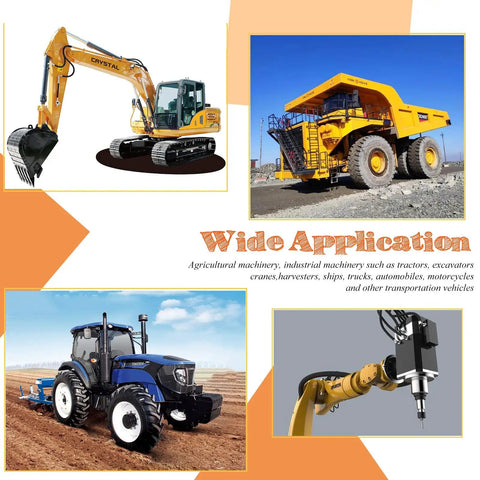 Various machinery including excavator, dump truck, tractor, and mechanical arm for use with Grease Fitting Assortment Kit 5/16-24.