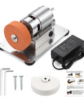 Compact 96W Mini Bench Grinder With Dual Grinding Wheels Variable Speed 3000 To 6000 RPM All Copper Brushless Motor on a metal base with an orange grinding wheel.