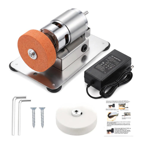 Compact 96W Mini Bench Grinder With Dual Grinding Wheels Variable Speed 3000 To 6000 RPM All Copper Brushless Motor on a metal base with an orange grinding wheel.