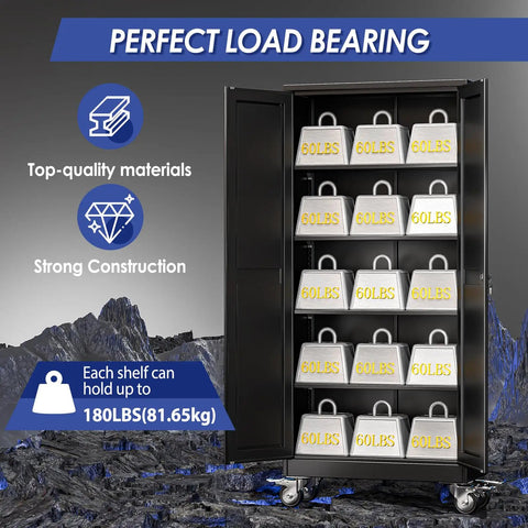 Beefy 71 Inch Metal Garage Storage Cabinet On Wheels With Locking Doors showing interior with heavy-duty load capacity.