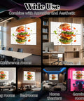 Six Panel Acoustic Wall Pads Featuring Hamburger And Explosion Prints Peel And Stick Sound Absorbing Foam Tiles in various room settings.