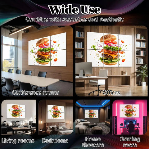 Six Panel Acoustic Wall Pads Featuring Hamburger And Explosion Prints Peel And Stick Sound Absorbing Foam Tiles in various room settings.