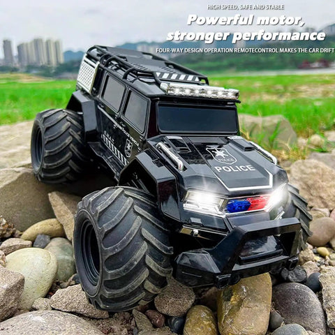 Amphibious Remote Control Car Waterproof Beast RC Vehicle 4WD All Terrain Off Road Stunt Toy on rocky terrain with LED lights