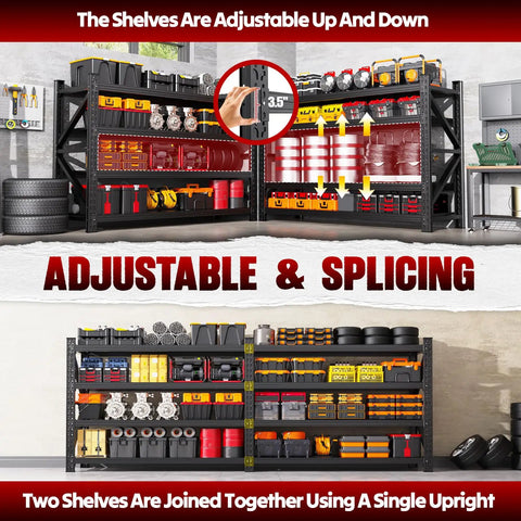 6000 Lbs Heavy Duty Metal Garage Shelving Unit 4 Tier Adjustable Storage Racks with tools and bins organized in a garage.
