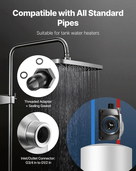 Straight Up Hot Water Recirculating Pump Kit With Built In Timer For Fast Sink And Shower Flow showing threaded adapter and inlet connector.