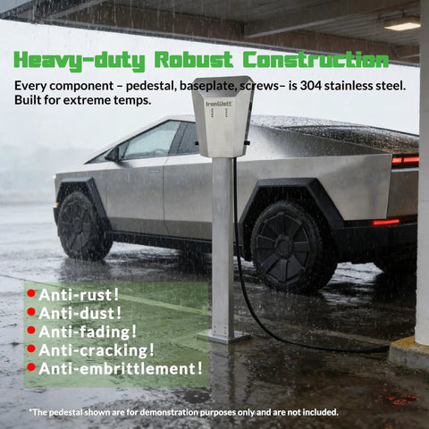 Straight Up Rugged Outdoor EV Charger Enclosure For Tesla NACS And J1772 Plugs Heavy Duty 304 Stainless Box in rain.