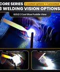 Auto Darkening Welding Lens With Gold Coating And Cool Blue Puddle View Shade Range Five To Thirteen Dual Sensors 0.01 Millisecond Darkening Sensitivity And Delay Adjustable Safe Eye Protection For Pro Welders in action during welding.