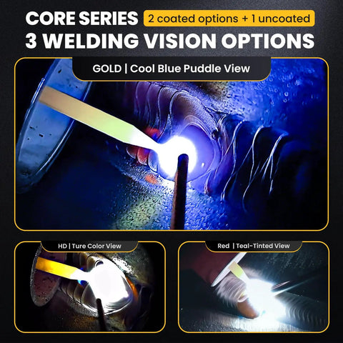 Auto Darkening Welding Lens With Gold Coating And Cool Blue Puddle View Shade Range Five To Thirteen Dual Sensors 0.01 Millisecond Darkening Sensitivity And Delay Adjustable Safe Eye Protection For Pro Welders in action during welding.