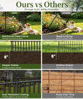 Comparison of No Dig 10 Panel Decorative Outdoor Garden Fence With Gate For Yard 40 Inch High And 23.6 Feet Long Rustproof Metal Wire Panels Animal Barrier shown against another fence in a garden setting, highlighting stronger frame, deeper stakes, rust-resistant coating.