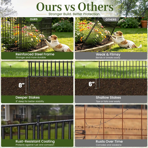 Comparison of No Dig 10 Panel Decorative Outdoor Garden Fence With Gate For Yard 40 Inch High And 23.6 Feet Long Rustproof Metal Wire Panels Animal Barrier shown against another fence in a garden setting, highlighting stronger frame, deeper stakes, rust-resistant coating.