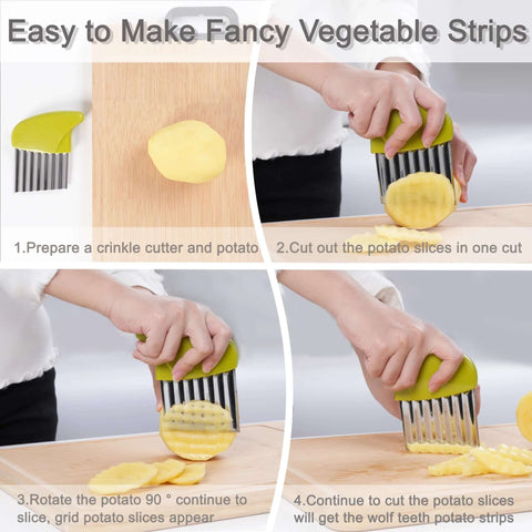 Two-piece stainless steel crinkle cutter set with green and blue handles for potatoes and vegetables.