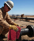 Worker using Recycled Color Knit Cleaning Rags Bulk Pack For DIYers And Home Pros on pipes at an outdoor site.