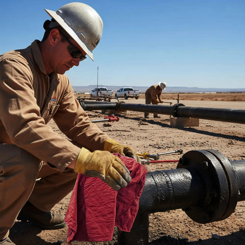 Worker using Recycled Color Knit Cleaning Rags Bulk Pack For DIYers And Home Pros on pipes at an outdoor site.
