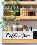 Wooden Coffee Station Organizer For Countertop With White Finish Farmhouse Style Coffee Bar Holder And K Cup Pod Storage Basket With Handle Premium Pine Wood Perfect For Mugs Pods Creamers And Syrups