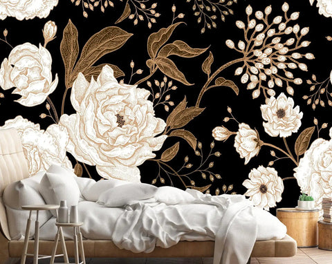 Floral Wall Mural Peonies And Roses In Gold White Vintage Look Seamless Wallpaper 5-Piece Set for bedroom, showcasing peonies and leaves.