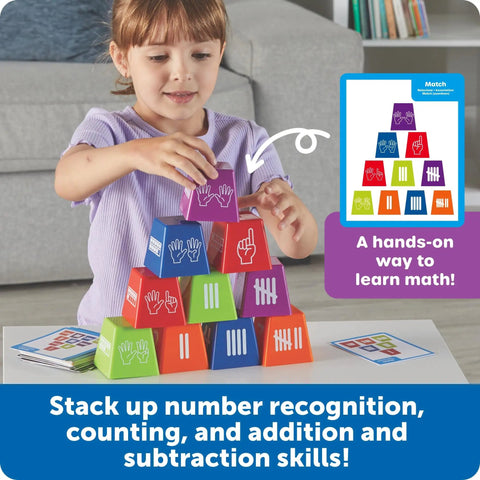 Child using Number Stackers Math Manipulatives Set For Kids, Hands On Addition And Subtraction Practice with stacking cups and cards.