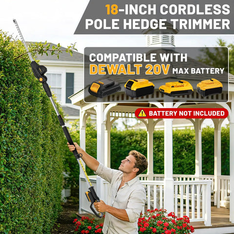 Man using Cordless Pole Hedge Trimmer With 14-Foot Reach And 18-Inch Cutting Head, Compatible With 20V Max Batteries near gazebo