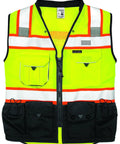 Mens Premium Surveyor Vest Class 2 Hi Vis Safety Vest Ten Roomy Pockets Heavy Duty Zip Rock Solid High Visibility Workwear Built Tough For The Daily Grind Large Lime And Black front view with multiple pockets and reflective strips.