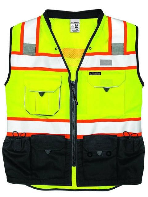 Mens Premium Surveyor Vest Class 2 Hi Vis Safety Vest Ten Roomy Pockets Heavy Duty Zip Rock Solid High Visibility Workwear Built Tough For The Daily Grind Large Lime And Black front view with multiple pockets and reflective strips.