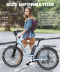 Woman standing beside Electric Bike For Adults With 1000W Peak Motor And 20 MPH Top Speed City Cruiser Ebike With 48V Battery