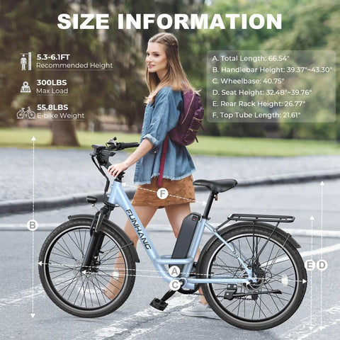 Woman standing beside Electric Bike For Adults With 1000W Peak Motor And 20 MPH Top Speed City Cruiser Ebike With 48V Battery
