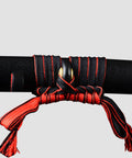 Close-up of 3.3 Yard Synthetic Silk Sageo for DIY Katana Saya and Scabbard Maintenance, Dope Black Red Color Cord in use on sword