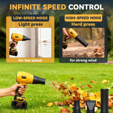 Image showing Beast Cordless Leaf Blower With 600000 RPM Brushless Motor in low-speed and high-speed modes with nozzle options for yard cleanup.