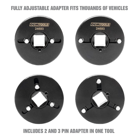 Four black adapters for brake rewind showing 2 and 3 pin design, part of 2 And 3 Pin Brake Rewind Adapter Set For Disc Brakes.