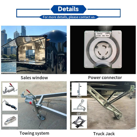 Heavy Duty Turnkey Commercial Grade Black Taco Food Truck And Slick Mobile Catering Trailer With Private Restroom And Dot Certified Build For Operations, showing sales window and power connector.
