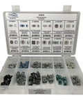 Open box of 105 Piece GM Specialty Nut Assortment Kit For Automotive Body Panels And Trim 12 Types For Bumper Grill Fender And More Includes Headlight Mounting Nut And Air Guide Nut, showing grouped fasteners.