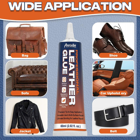 Leather Glue That Delivers A Strong Flexible Bond For Shoes Jackets Handbags Sofas Car Seats And More 60ml Waterproof Quick Dry Clear Adhesive For Your Go-To Long Lasting Repairs And Durable Fixes shown with various leather items