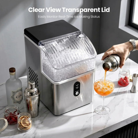Solid Countertop Nugget Ice Maker Goes Hard On Rapid Cooling Spits Out Hella Chewable Pebble Chunks Quickly Generates Thirty Five Pounds Daily For Any Setup on a marble countertop pouring a cocktail.