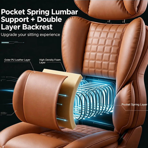 Heavy Duty Big And Tall Office Chair For 350 Lbs, Scratch-Resistant PU Leather with pocket spring lumbar support, brown.