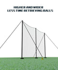 Heavy Duty Ball Stop Net System 40Ft By 12Ft 2 In 1 Portable Backstop Net on grass with freestanding poles, wide view