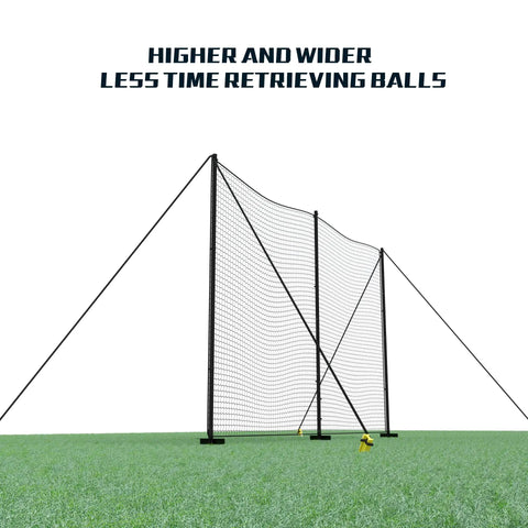 Heavy Duty Ball Stop Net System 40Ft By 12Ft 2 In 1 Portable Backstop Net on grass with freestanding poles, wide view