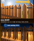 Close-up of solar fence lights on wooden fencing, highlighting auto ON/OFF feature, part of 12 Pack Solar Fence Lights Slinging 50 Lumens Of Seriously Bright Glow Featuring Twelve Adjustable RGB Modes To Kick Up The Vibe On Your Patio Deck Or Backyard Railing Weatherproof Outdoor Lighting Solution Built To Last.
