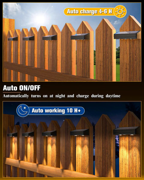 Close-up of solar fence lights on wooden fencing, highlighting auto ON/OFF feature, part of 12 Pack Solar Fence Lights Slinging 50 Lumens Of Seriously Bright Glow Featuring Twelve Adjustable RGB Modes To Kick Up The Vibe On Your Patio Deck Or Backyard Railing Weatherproof Outdoor Lighting Solution Built To Last.
