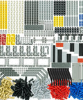 Top view of 582 Piece Dope Tech Parts Set With Beams Axles Connectors Pins Panels For Building Blocks And Robot Kits, various colors.