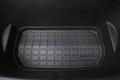 Tesla Model Y 2021 Refresh Frunk Liner Hecka Tough TPE Rubber Cargo Floor Mat, custom fit with raised grid pattern for dirt protection.