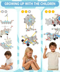 Children playing with STEM Building Toys For Kids 160 Piece Educational Engineering Blocks Kit displayed with structures built.