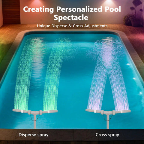 Dual Spray Pool Fountain With Lights For Above Ground And Inground Pools, High Pressure Waterfall Jets Up To 14 Feet, Universal 1.5 Inch Fit, Easy Setup, Cool Splash Display And Sprinkler Fun installed in a pool with illuminated sprays.
