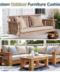 Swing cushion and outdoor sofa with pillows, showcasing custom outdoor furniture cushions on wooden seating in a garden setting