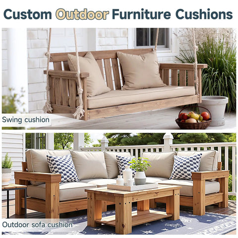 Swing cushion and outdoor sofa with pillows, showcasing custom outdoor furniture cushions on wooden seating in a garden setting