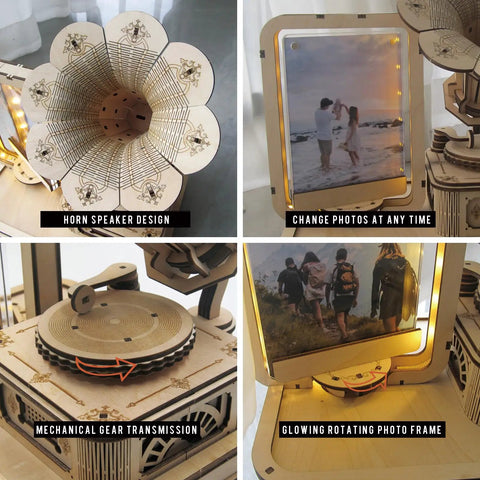 Vintage Gramophone 3D Puzzle Kit With Wooden Model DIY Music Box And Acrylic Photo Frame, horn speaker, photo frame, gears