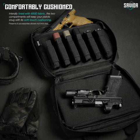 Specialist Series Tactical Double Scoped Handgun Case with lockable compartment, open showing pistols and magazine slots inside.