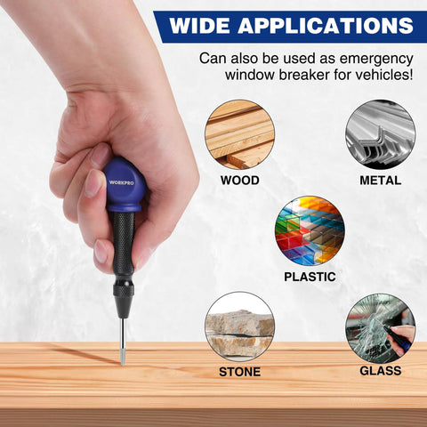 WORKPRO automatic center punch with blue head and knurled black handle, used on wood.